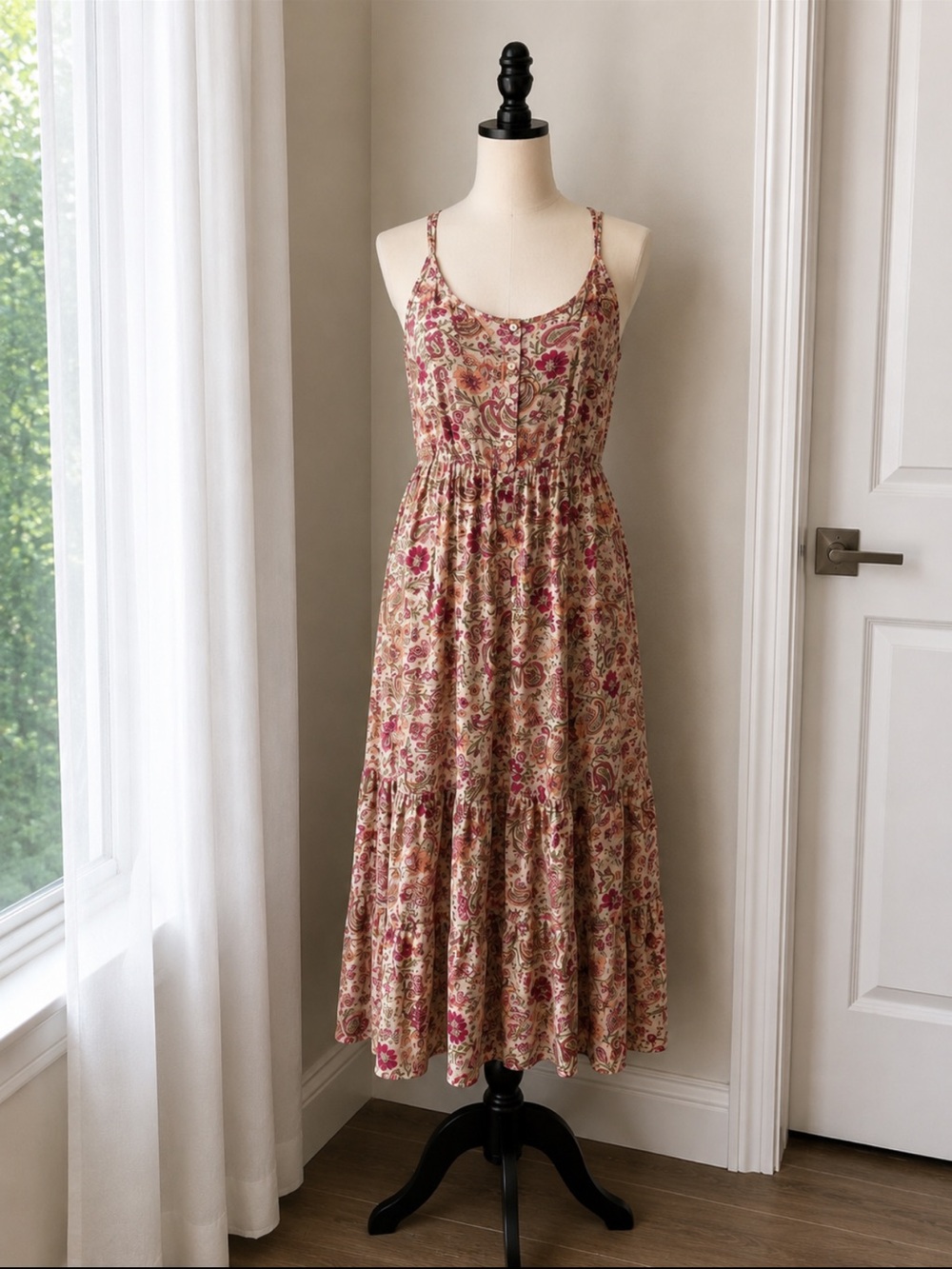 Patrons of Peace Floral Tiered Maxi Dress in Pink and Cream